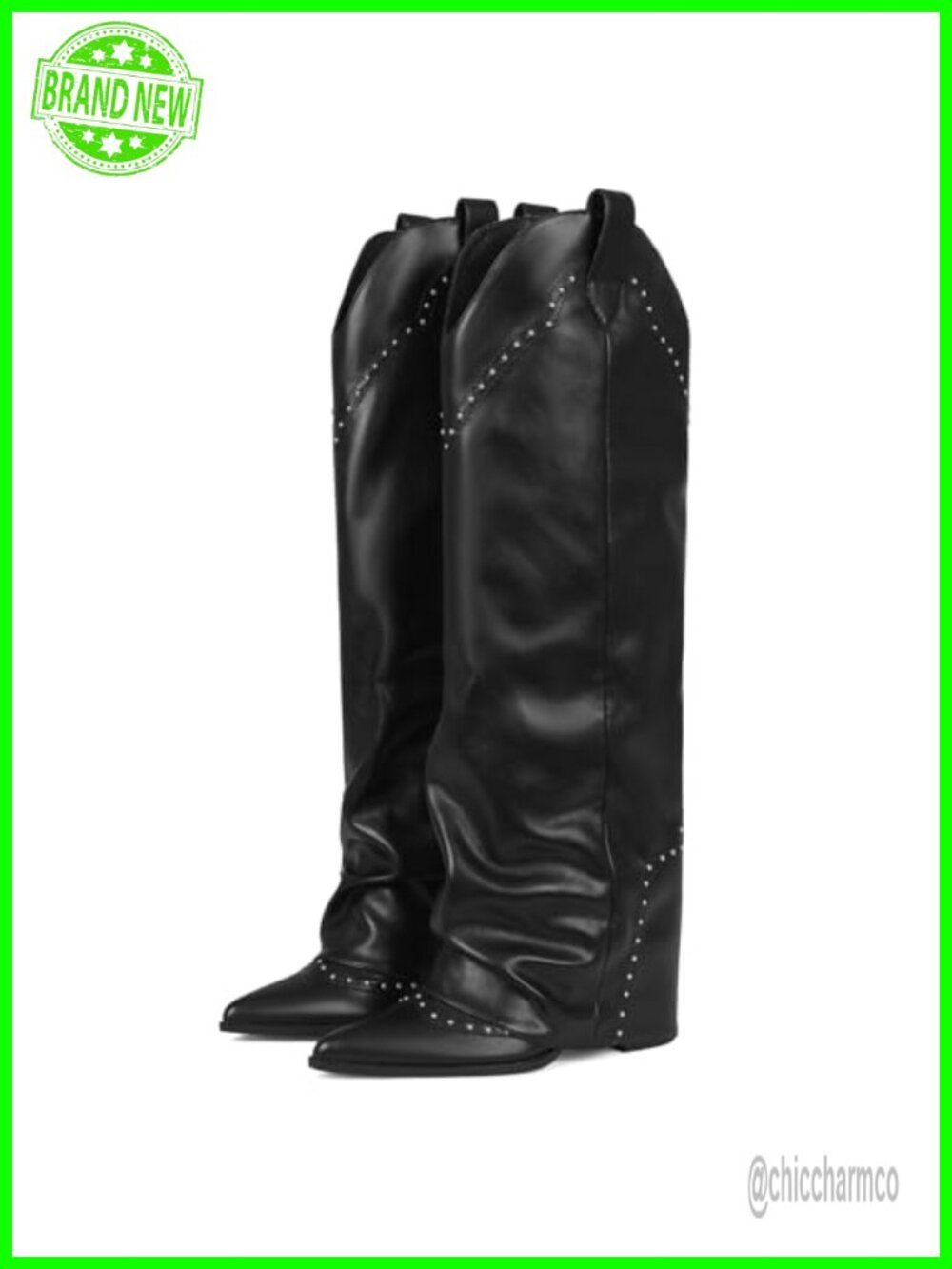 Women's Knee High Boots Vegan Leather Snip Toe Block Heel Fold Over Studded